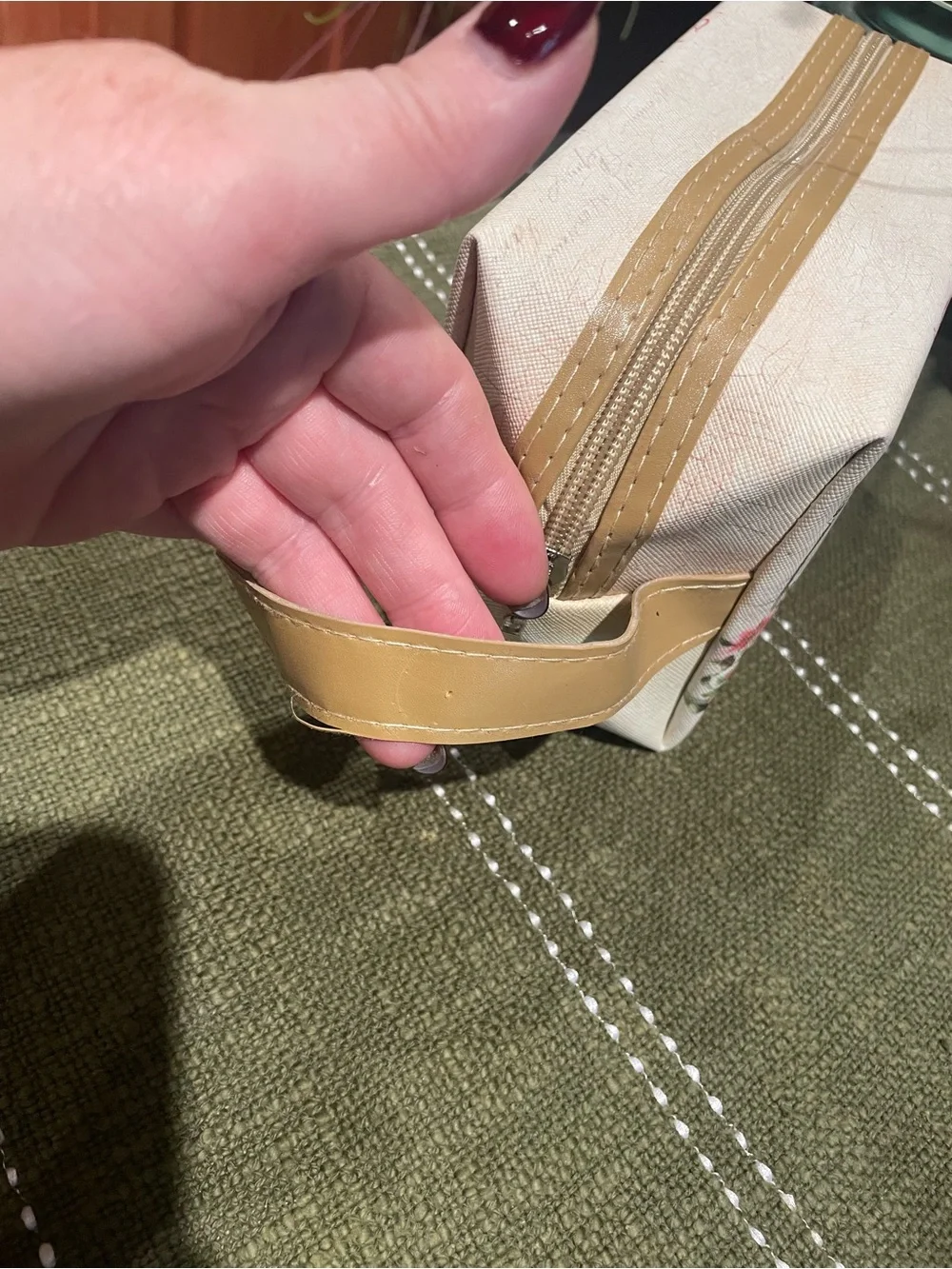 Beige London Print Cosmetic Bag with Gold Handle
